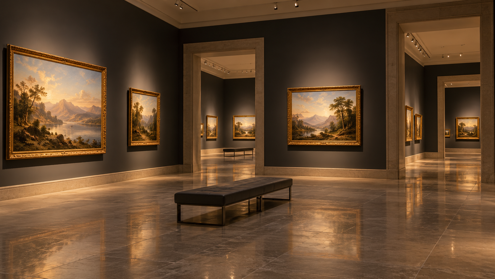 Warm verlichte museumzalen met schilderijen